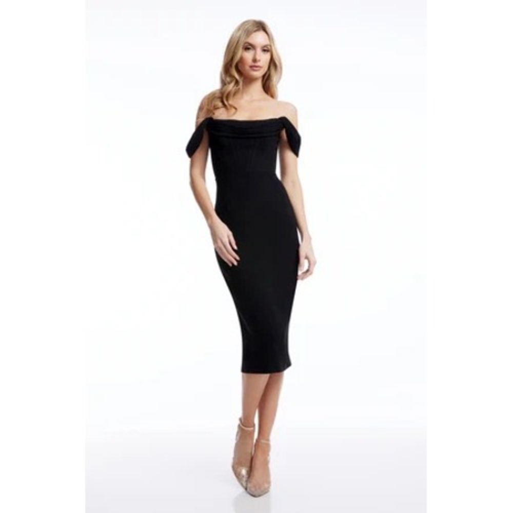 Dress the Population Vickie Black Off-the-Shoulder Corset Midi Dress Size L NWT